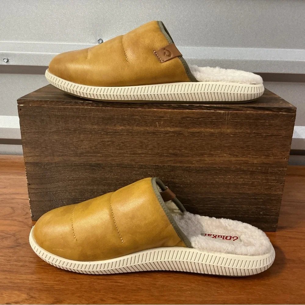Olukai Men Mua’Ili Tan Leather Lined Mule Island Slippers Size 9